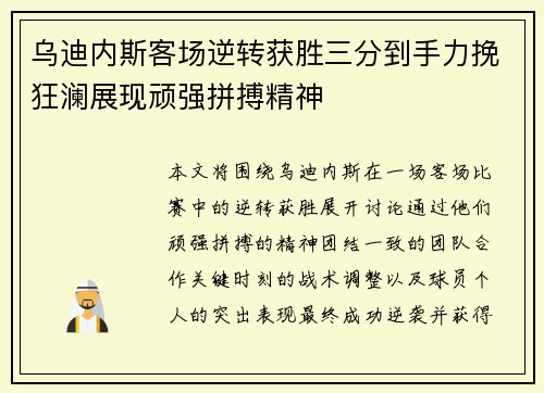 乌迪内斯客场逆转获胜三分到手力挽狂澜展现顽强拼搏精神