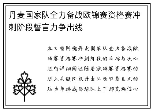 丹麦国家队全力备战欧锦赛资格赛冲刺阶段誓言力争出线