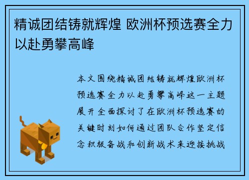 精诚团结铸就辉煌 欧洲杯预选赛全力以赴勇攀高峰