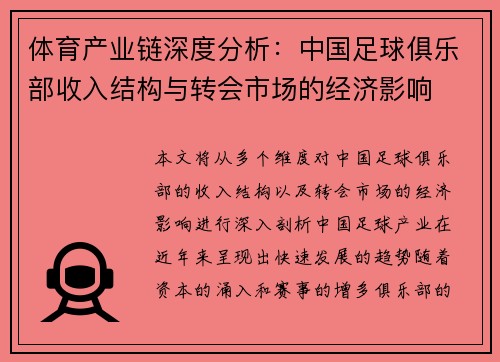 体育产业链深度分析：中国足球俱乐部收入结构与转会市场的经济影响