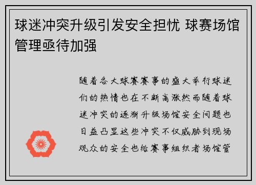 球迷冲突升级引发安全担忧 球赛场馆管理亟待加强