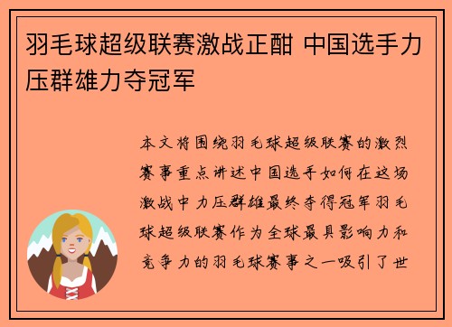 羽毛球超级联赛激战正酣 中国选手力压群雄力夺冠军