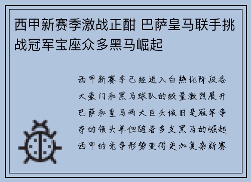 西甲新赛季激战正酣 巴萨皇马联手挑战冠军宝座众多黑马崛起